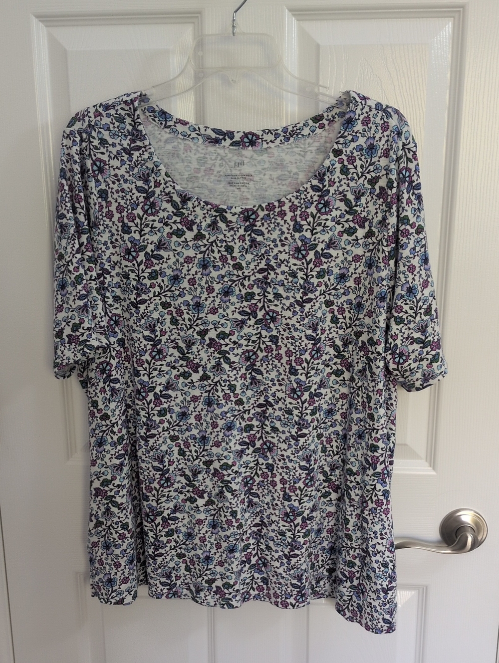 J Jill Pima Slub Scoop Neck Side Slit Short Sleeve Tee - Colorful Floral - 2X